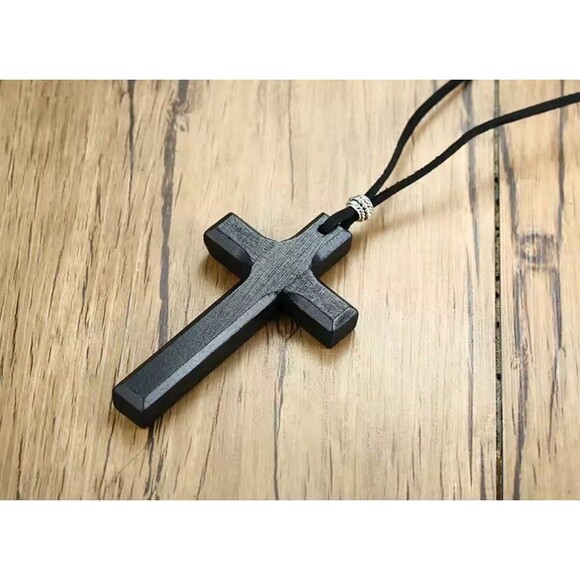 Handmade Black Wooden Cross Necklace on Cord for Men, Women & Children - Picture 4 of 6